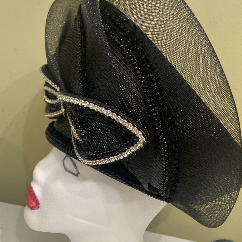 Black Decorative Ladies Dress Hat with Rhinestone Bow - Picture 2 of 8